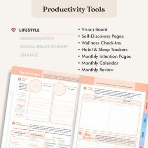May include: A planner with the title "Productivity Tools" and sections for lifestyle, organization, social/relationship, and finance. The planner includes pages for vision boards, self-discovery, wellness, and habit tracking.
