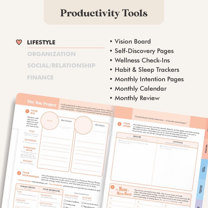 May include: A planner with the title "Productivity Tools" and sections for lifestyle, organization, social/relationship, and finance. The planner includes pages for vision boards, self-discovery, wellness, and habit tracking.