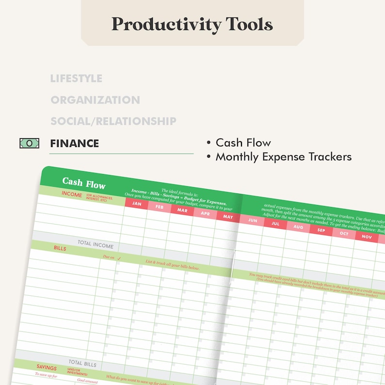 May include: A planner page with the title "Cash Flow" and sections for income, bills, and savings. The page includes a monthly expense tracker and the text "Productivity Tools" at the top. The color scheme is white, green, and beige.