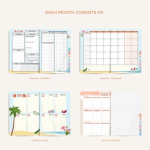 May include: A planner with a beach theme, featuring sections for monthly overview, calendar, weekly pages, and a month in review. The pages are decorated with illustrations of beach balls, palm trees, and flowers. The word "JUNE" is visible on several pages.