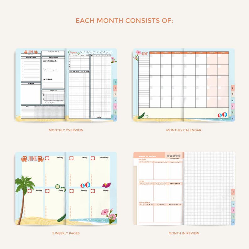 May include: A planner with a beach theme, featuring sections for monthly overview, calendar, weekly pages, and a month in review. The pages are decorated with illustrations of beach balls, palm trees, and flowers. The word "JUNE" is visible on several pages.