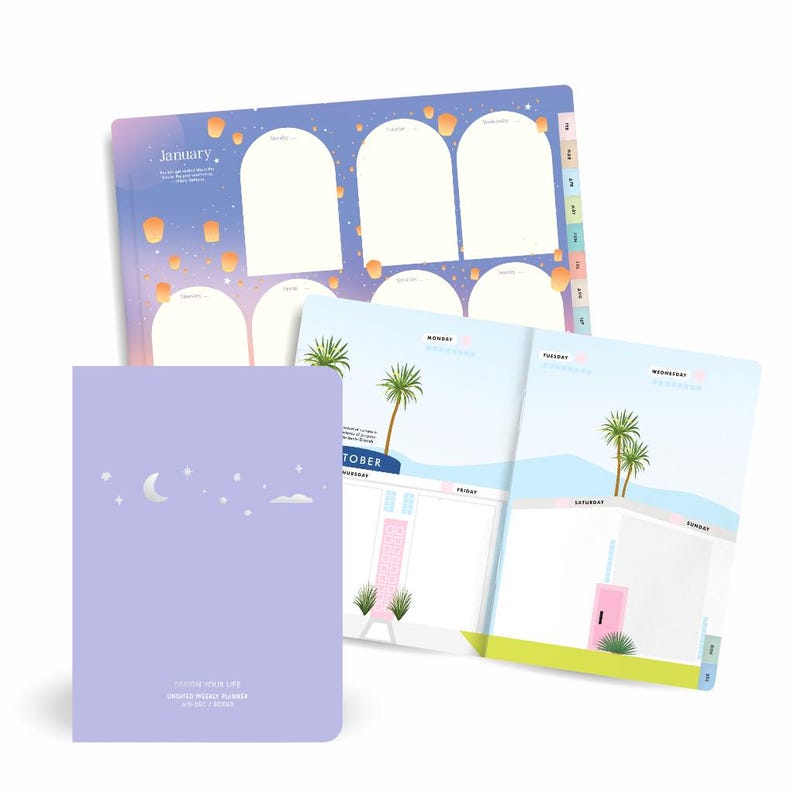 May include: A set of three colorful planners. The cover of the first planner is lavender with a moon and star design. The second planner has a monthly layout with a night sky theme. The third planner has a weekly layout with palm trees.