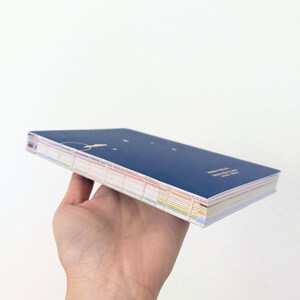 K&ouml;nnte beinhalten: Ein marineblaues Notizbuch mit goldfarbenen Akzenten, gehalten in einer Hand. Die Kanten der Seiten sind mehrfarbig. Das Cover hat ein schlichtes Design mit Wal und Sternen.
