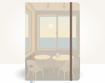Cafe Cover - A5 Planner Cover with Pockets - coffee shop, serene, sea, ocean, sparkling, aesthetic, journal cover