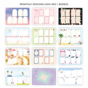 May include: A collection of twelve monthly design planners, each with a unique theme and layout. The planners are boxed and feature various color schemes and illustrations, including floral, beach, and abstract designs. The text "MONTHLY DESIGNS (JAN-DEC | BOXED)" is at the top.