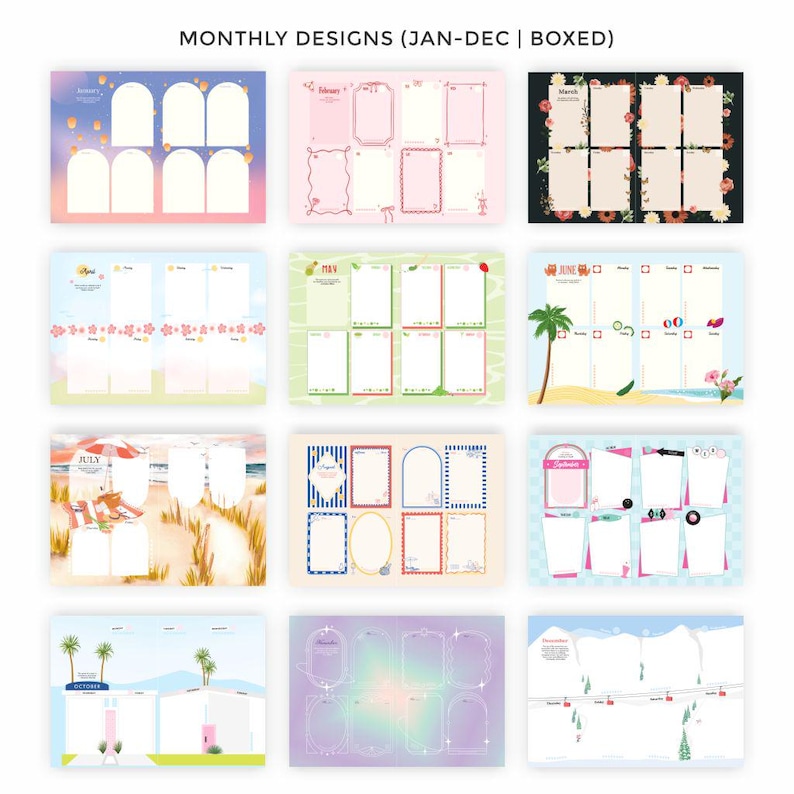 May include: A collection of twelve monthly design planners, each with a unique theme and layout. The planners are boxed and feature various color schemes and illustrations, including floral, beach, and abstract designs. The text "MONTHLY DESIGNS (JAN-DEC | BOXED)" is at the top.