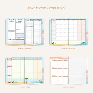 K&ouml;nnte beinhalten: Ein Planer mit Strand-Thema, der Abschnitte f&uuml;r monatliche &Uuml;bersichten, Kalender, Wochenseiten und Monatsr&uuml;ckblicke enth&auml;lt. Die Seiten sind mit Illustrationen von Strandelementen und dem Wort "Juni" verziert. Der Planer ist in einem hellblauen und pfirsichfarbenen Farbschema gestaltet.