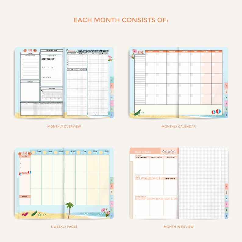 K&ouml;nnte beinhalten: Ein Planer mit Strand-Thema, der Abschnitte f&uuml;r monatliche &Uuml;bersichten, Kalender, Wochenseiten und Monatsr&uuml;ckblicke enth&auml;lt. Die Seiten sind mit Illustrationen von Strandelementen und dem Wort "Juni" verziert. Der Planer ist in einem hellblauen und pfirsichfarbenen Farbschema gestaltet.