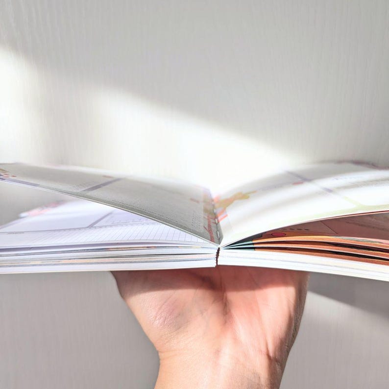 May include: An open book with colorful pages, held in a hand. The pages display a mix of text and graphics, with a visible binding. The book is held against a white background, with a beam of light shining on the pages.