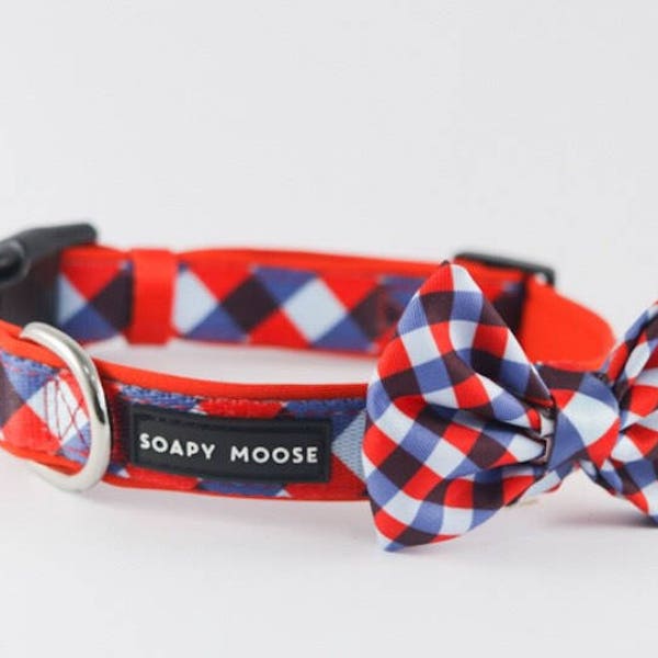 Trend Setter Collar include the matching Bow Tie. Red and Blue Plaid Dog Collar, Red and Blue Check Collar. Australian.