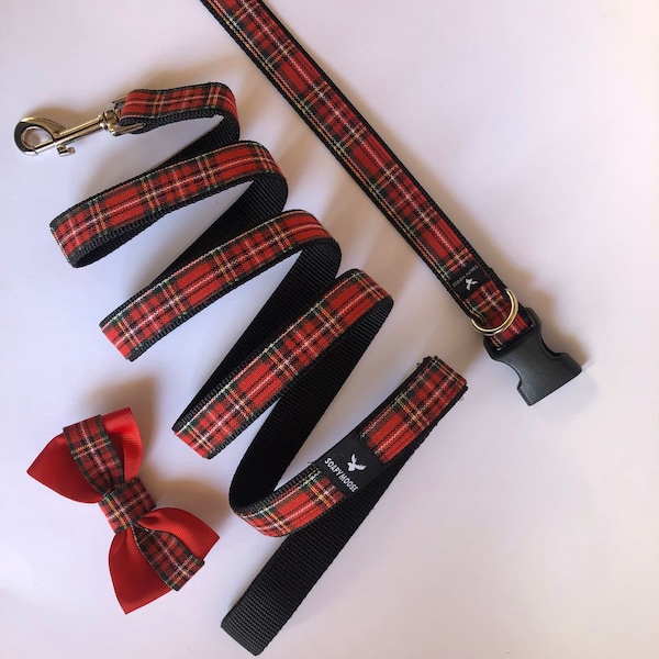 Elegante collare e guinzaglio per cani in tartan rosso, guinzaglio per cani, collare per cani tartan rosso, tartan rosso, collare per cuccioli, collare per cuccioli in tartan