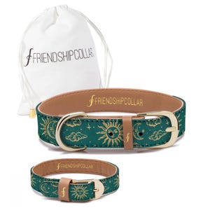 May include: A teal dog collar with a gold sun, moon, and cloud pattern. The collar has a gold buckle and a tan leather backing. A matching smaller collar and a white drawstring bag with the text "FRIENDSHIPCOLLAR" are also shown.