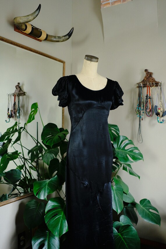 1930s Black Satin Balloon Sleeve Gown