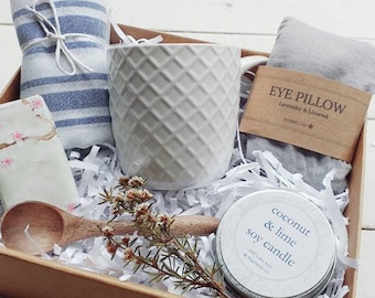 Relaxation Gift Box: Soy Candle, Mug, Eye Pillow Pamper Hamper