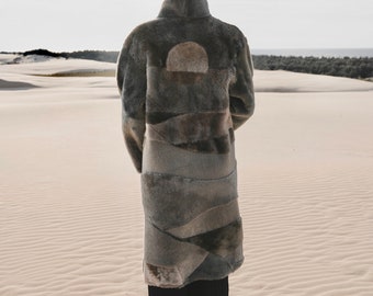 Upcycled Intarsia Shearling Coat in Grey 