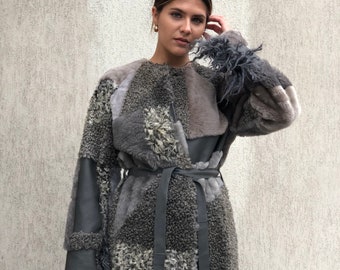 Grey Patchwork Coat from upcycled Sheepskin and Leather / Handmade /