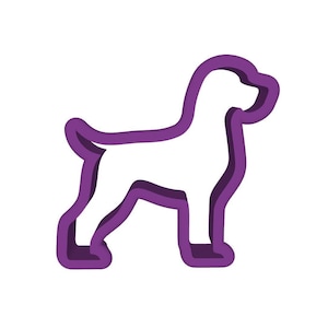 May include: A purple dog-shaped cookie cutter with a white interior. The outline of the dog is a solid purple, with a slightly darker purple shadow effect. The dog is standing, with its tail up.