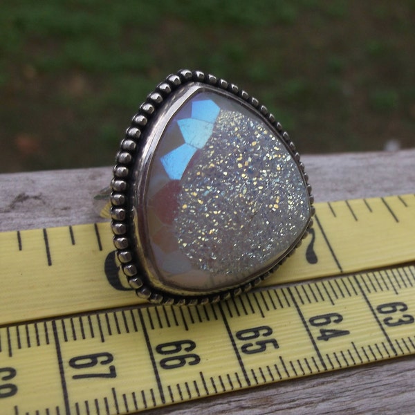 Sz 7 Sterling PJC 1-1/4" L white rainbow druzy ring 15.5g geode quartz titanium  pastel blue green yellow pink milk white quartz