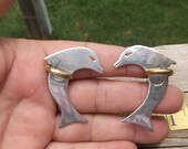 1-1 2 quot L Sterling playing Dolphin clip on earrings Taxco TM-70 Mexico 925 Whimsical Porpoise silver w brass hoops non not pierced 17.2g