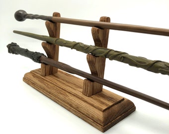 3 Wand Display Stand, Wooden Rack Holds 3 Wizard Wands