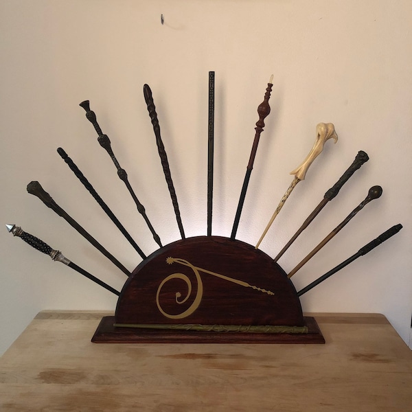 Rustic Wand Display Stand, Dark Wooden Rack Holds up to 11 Wizard Wands