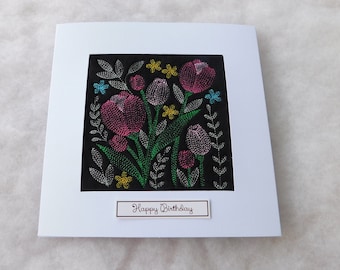 Special Birthday Card handmade Happy Birthday Tulip and flowers sketch extra large card 7.5'' x 7.5'' machine embroidered handmade unique