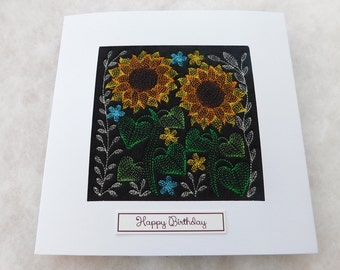 Special Birthday Card handmade Happy Birthday Sunflower & flowers sketch extra large card 7.5'' x 7.5'' machine embroidered handmade unique