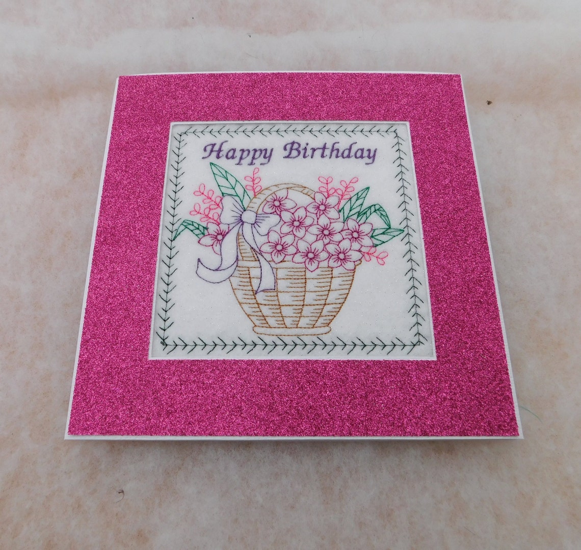 Birthday Card Handmade Machine Embroidered Basket of Pink Etsy UK