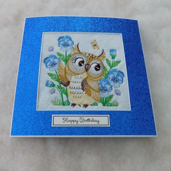 Special  handmade Happy Birthday card Super cute Owl and pansys sketch extra large card 7.5'' x 7.5'' machine embroidered  unique