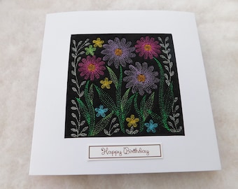 Special Birthday Card handmade Happy Birthday Aster and flowers sketch extra large card 7.5'' x 7.5'' machine embroidered handmade unique