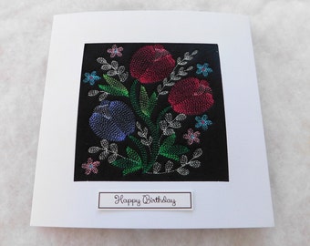 Special Birthday Card handmade Happy Birthday Tulips & flowers sketch extra large card 7.5'' x 7.5''machine embroidered handmade