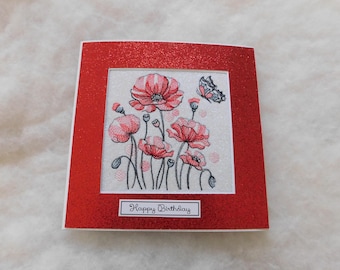 Handmade machine embroidered Birthday Card Poppies