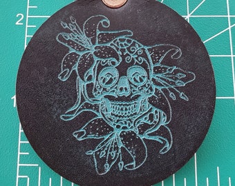 Sugar skull teal black laser engraved leather keychain key fob keyring dia de los muertos