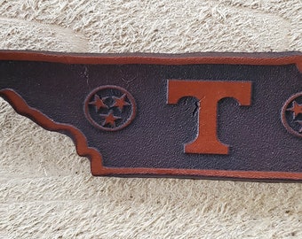Leather brown Tennessee with stars laser engraved keychain key fob metal ring