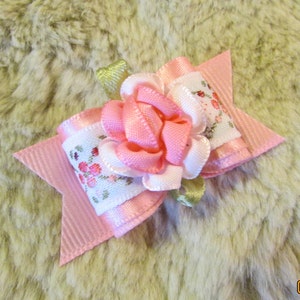 Pink flower Dog Hair Bow - 7/8" single loop - Yorkie bow+