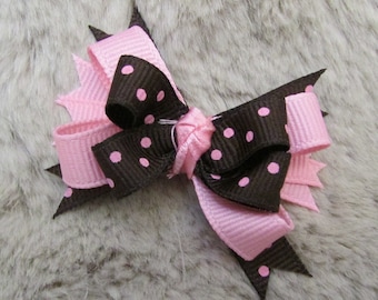 pink brown Dog Bow - 2" boutique dog bow  - polka dots - yorkie bow+