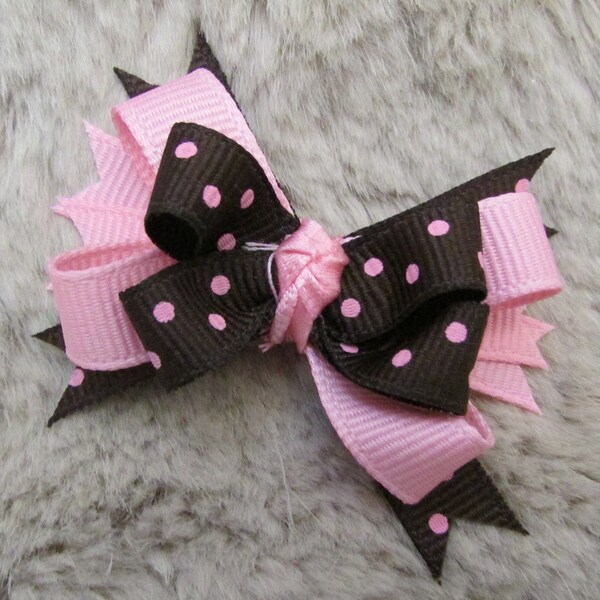 pink brown Dog Bow - 2" boutique dog bow  - polka dots - yorkie bow+