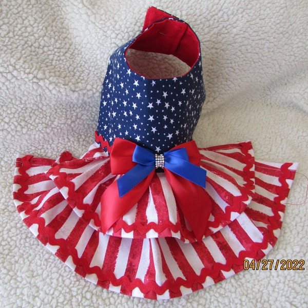 Patriotic dog dress blue stars red stripes 4th of July Memorial Day
