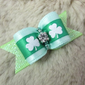 Shamrock Dog Bow - 5/8 single loop St. Patrick&#39;s Day green glitter - Yorkie/ Maltese/ Shih Tzu bow+