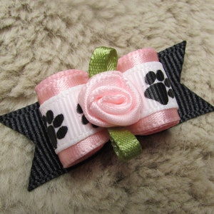paw print Dog hair Bow - 5/8 single loop - pink black - yorkie bow+