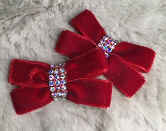 Christmas Velvet Dog hair Bows - 1 1/2&quot; red or black butterfly - yorkie/ teacup bow+ Pigtail bows