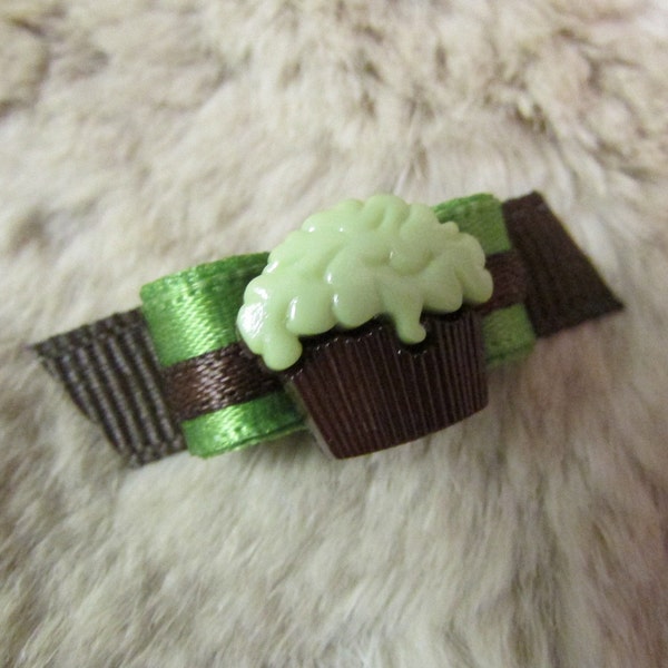 Cupcake Dog hair Bow - 3/8" xs tiny tie single loop green brown - yorkie/ teacup bow+