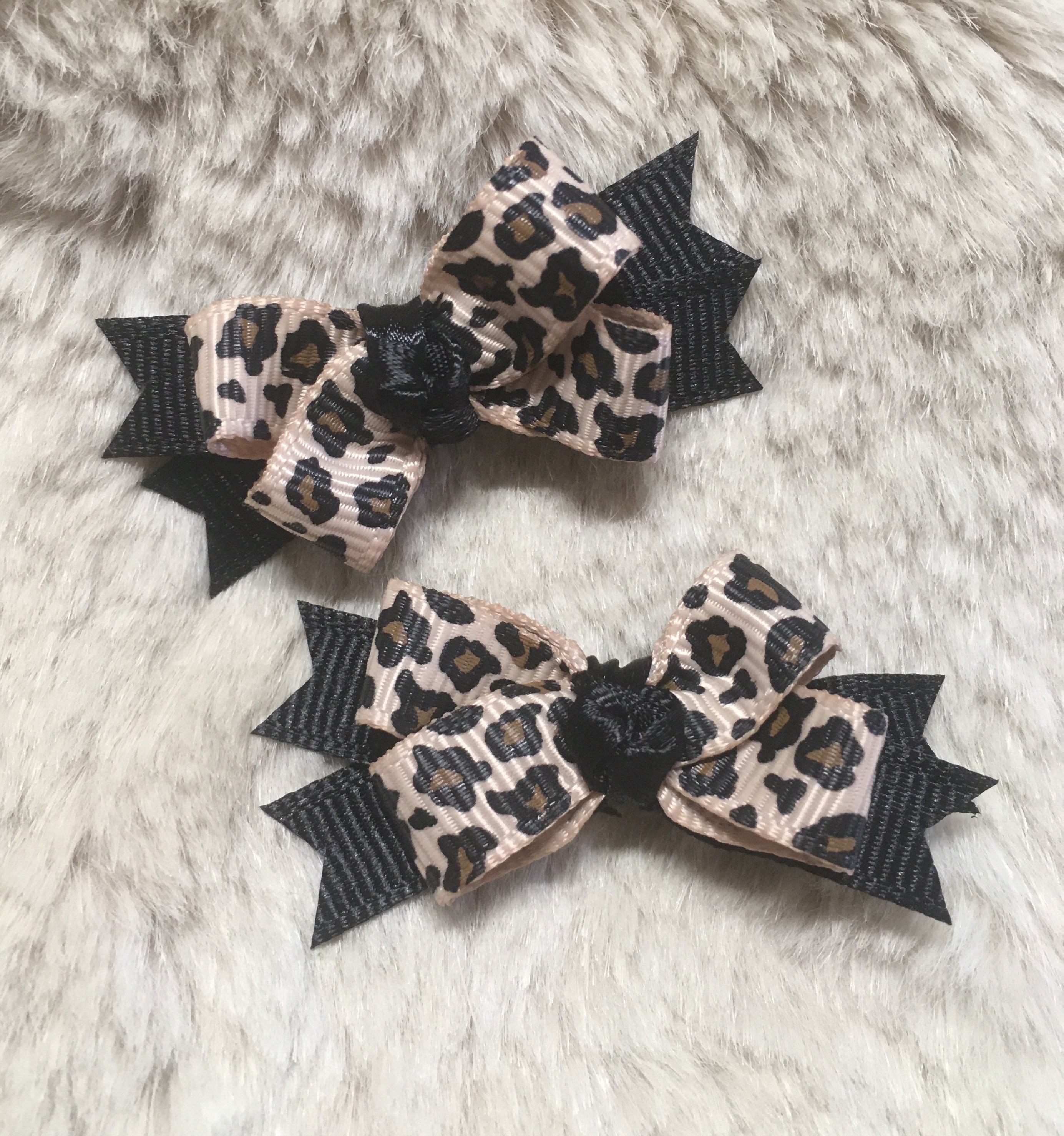pink leopard Dog hair Bows - small boutique tan leopard and pink, or red or black - yorkie+ Pigtail bows /teacup