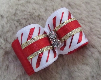 Red show Dog Bow - 5/8" double loop xmas red white stripes gold show- yorkie bow+