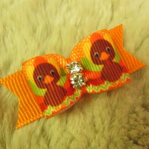 May include: Orange and brown turkey-themed hair bow with a sparkly rhinestone in the center.