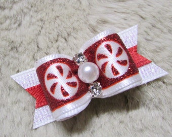 Candy Dog hair Bow - 5/8 single loop Christmas Candy - yorkie bow+ red and white glitter