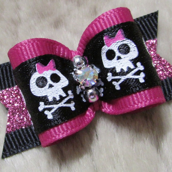 Pink skull Dog hair Bow - 7/8" single loop black pink glitter - Yorkie bow+