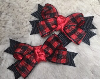 Buffalo plaid Dog hair Bows - small boutique gingham red Buffalo or black white - yorkie+ Pigtail bows /teacup