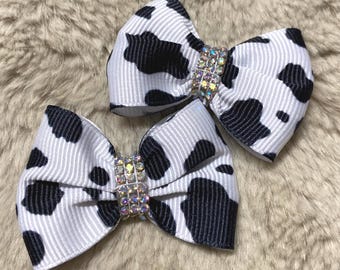 Cow Print Dog Hair Bows: Rhinestone Pigtail Bows, Yorkie Accessories