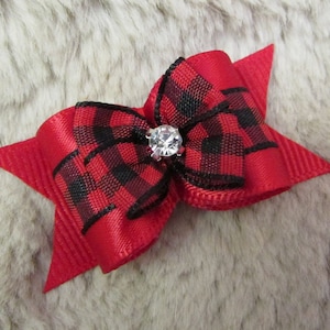 Buffalo red Dog hair Bow - 7/8 single loop christmas plaid - Yorkie bow+